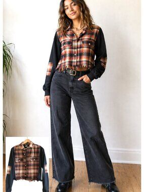 Cropped Plaid Shirt, Upcycled Black Brown Sweatshirt Jacket Boho Grunge Size S